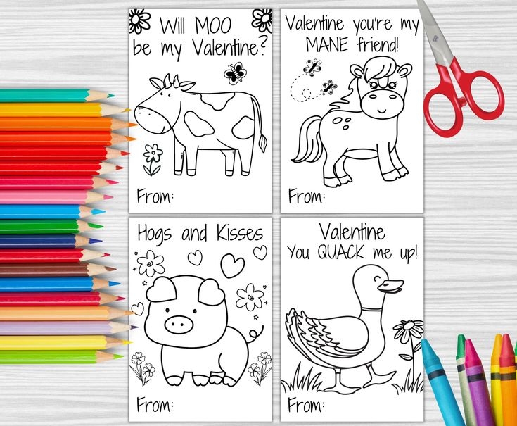 Farm Animal Coloring Valentine 39 s Day Cards Printable Valentine 39 s Day