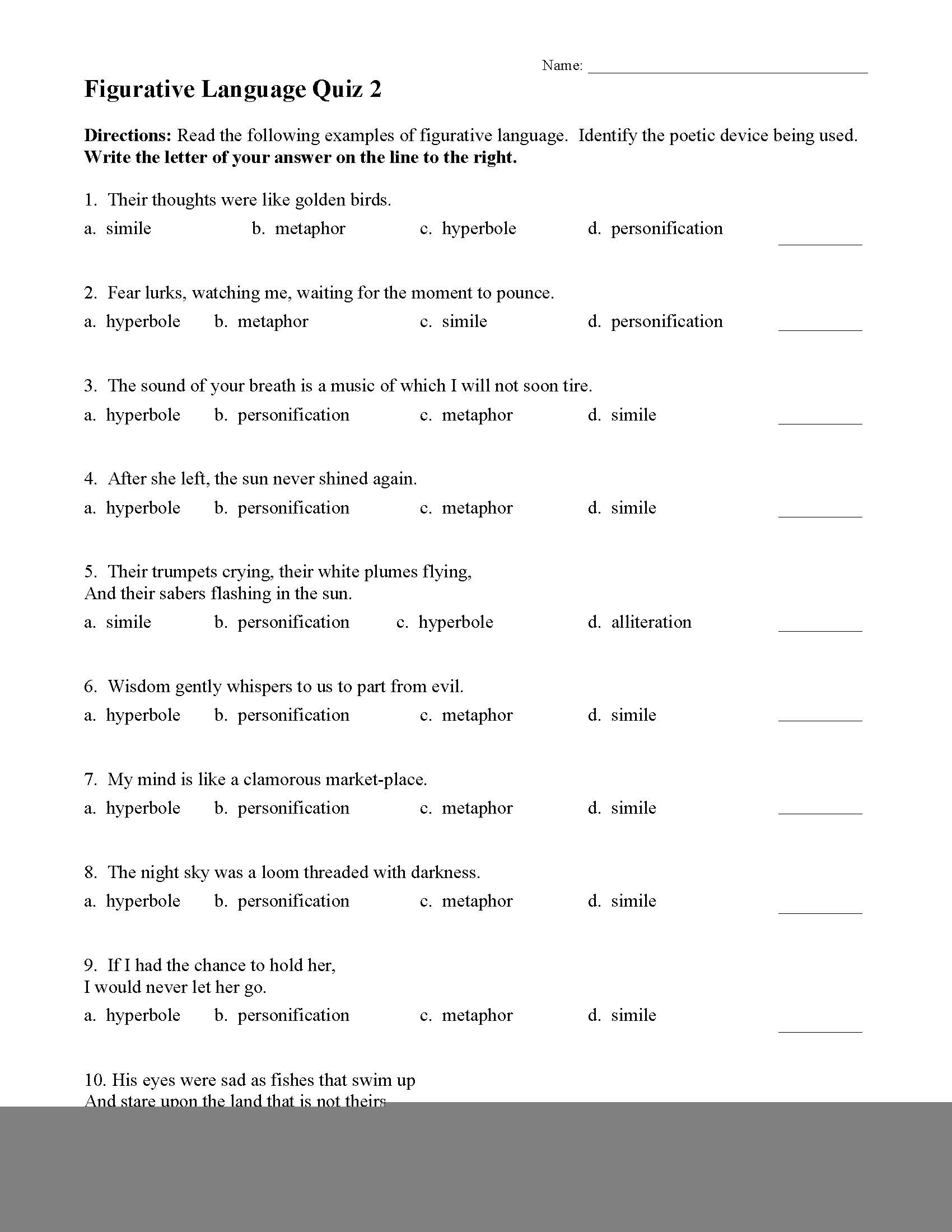 Figurative Language Printable Test Language Worksheets