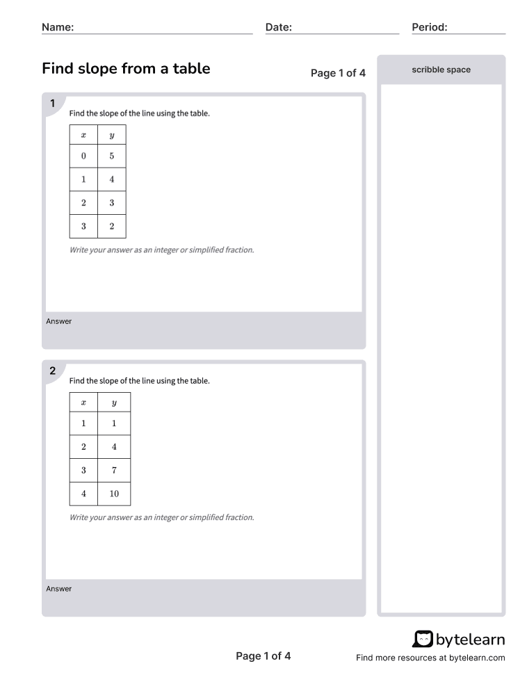 Find Slope From A Table Worksheets PDF 8 F A 3 8th Grade Math 