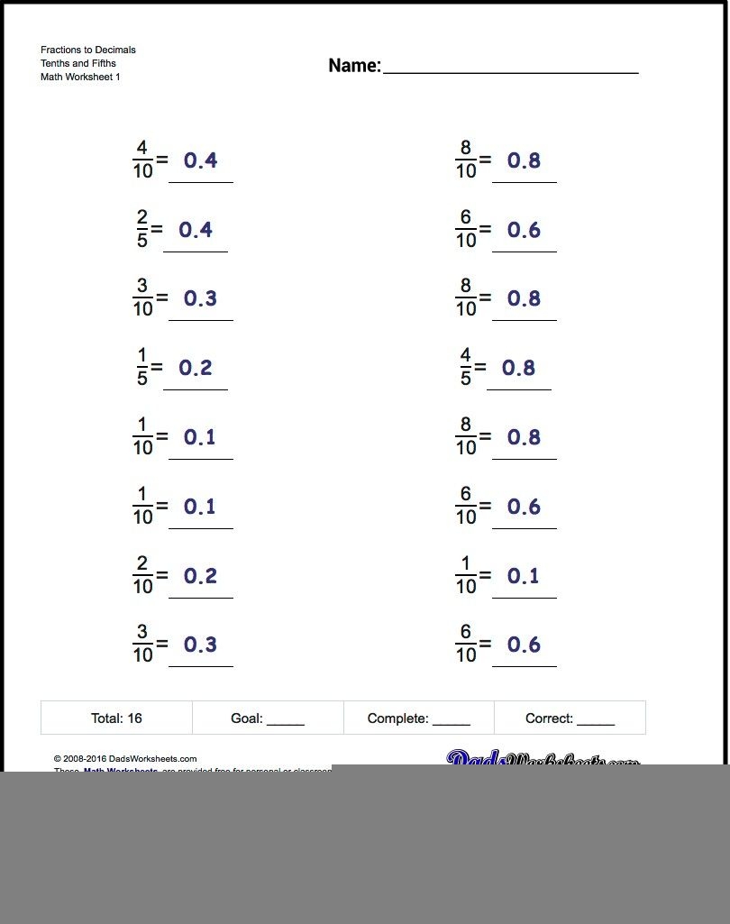 change fraction to decimal worksheet