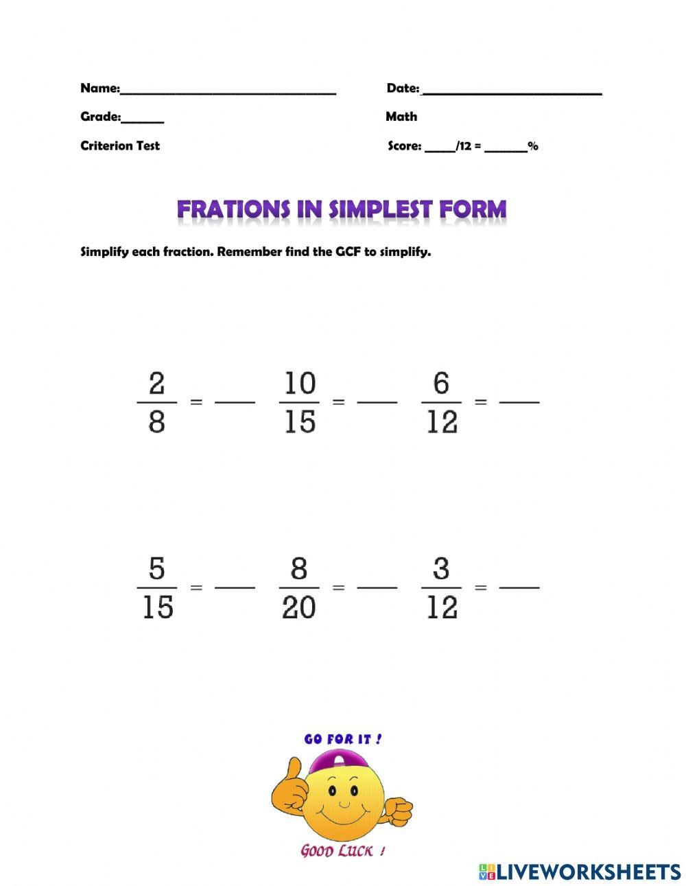 Fractions In Simplest Form Exercise Live Worksheets Worksheets Library