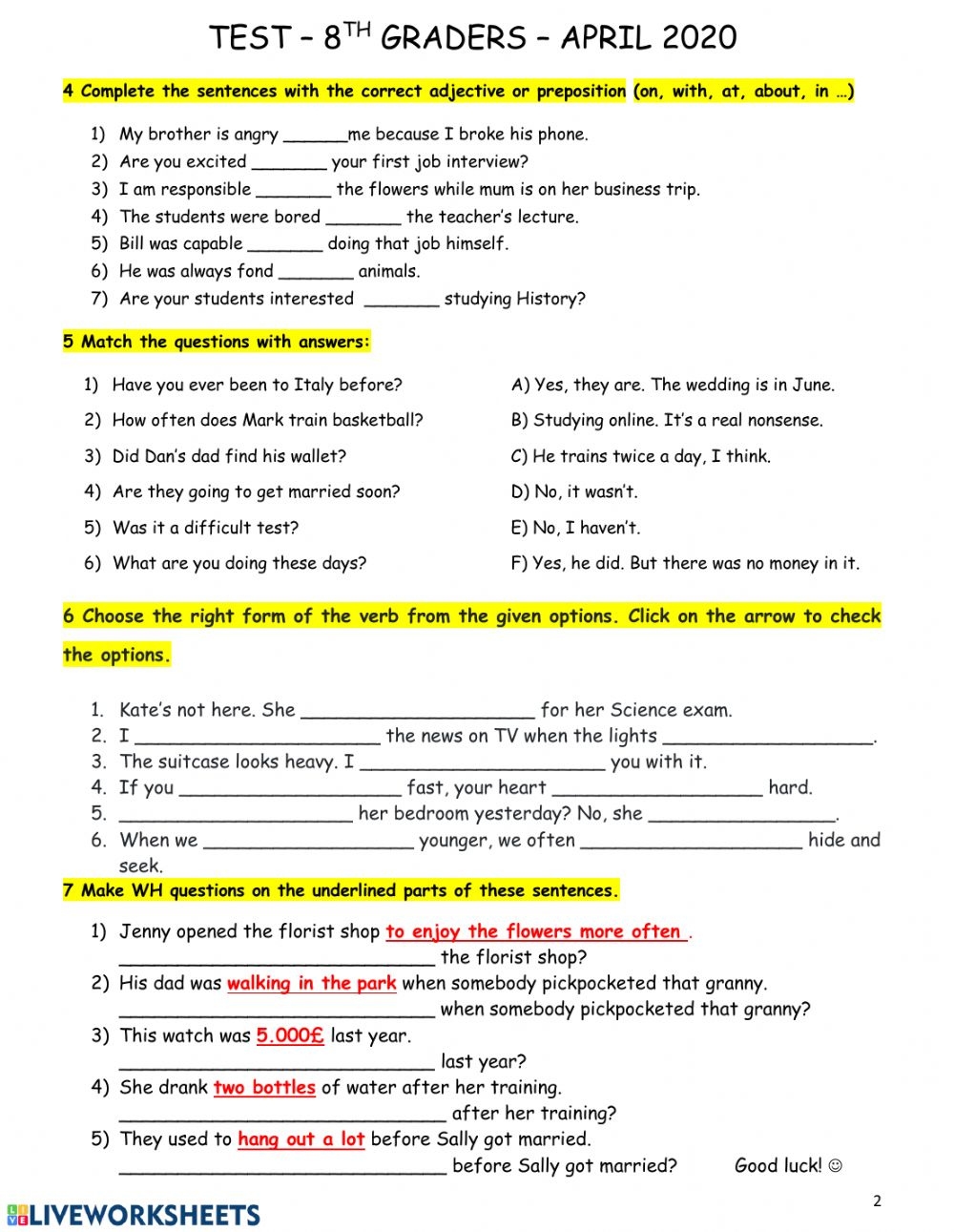 8th grade grammar worksheets