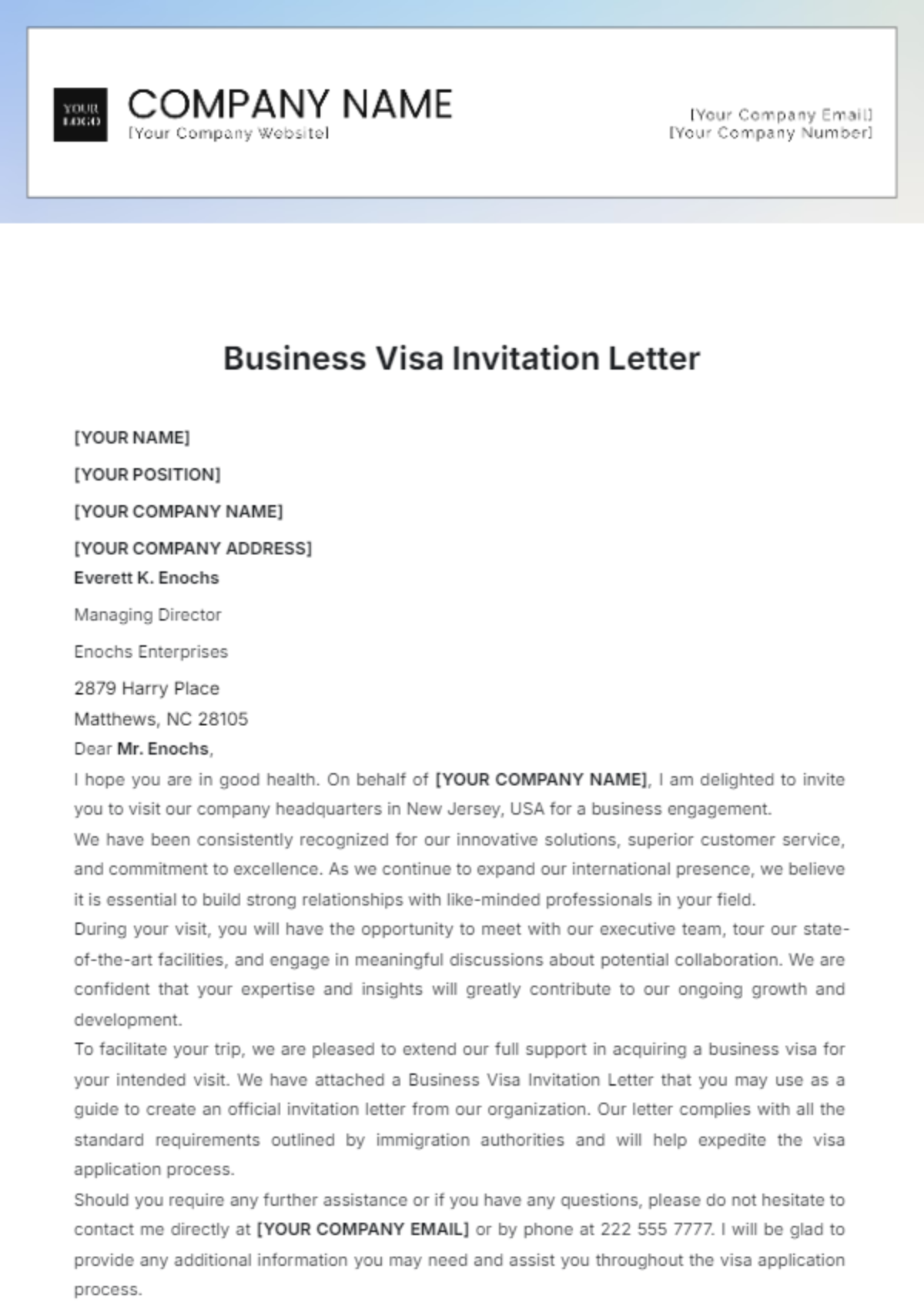 Free Business Visa Invitation Letter Template To Edit Online