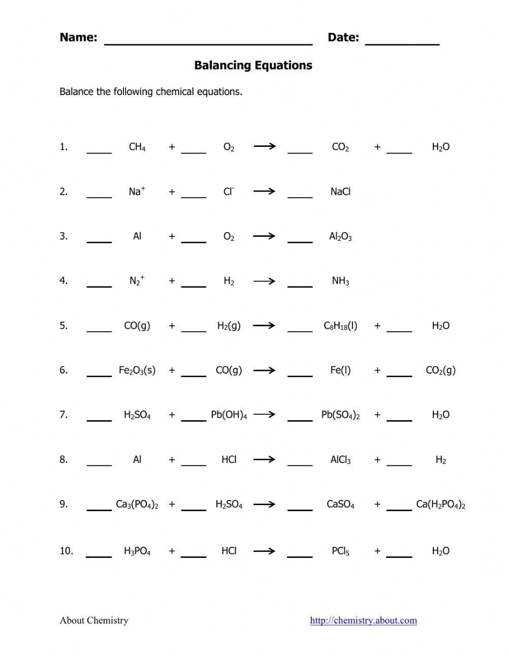 balance the chemical equation worksheet
