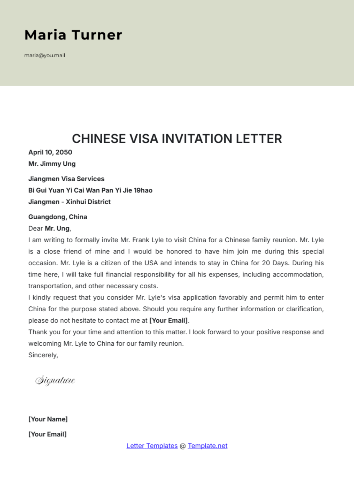 Free Chinese Visa Invitation Letter Template To Edit Online