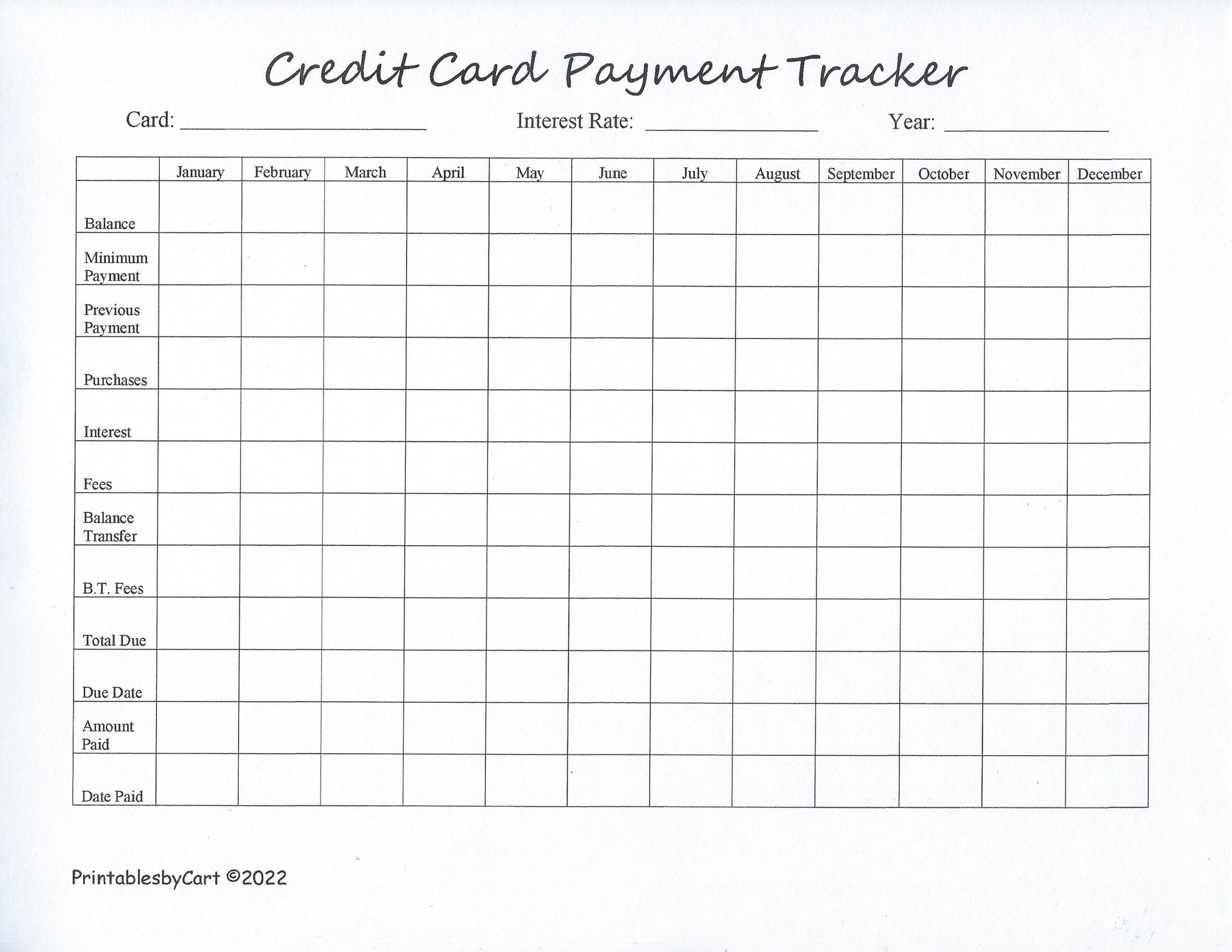 printable credit card worksheet