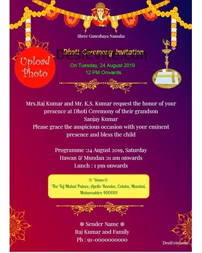 Free Dhoti ceremony puttu panchala function Invitation Card Online 