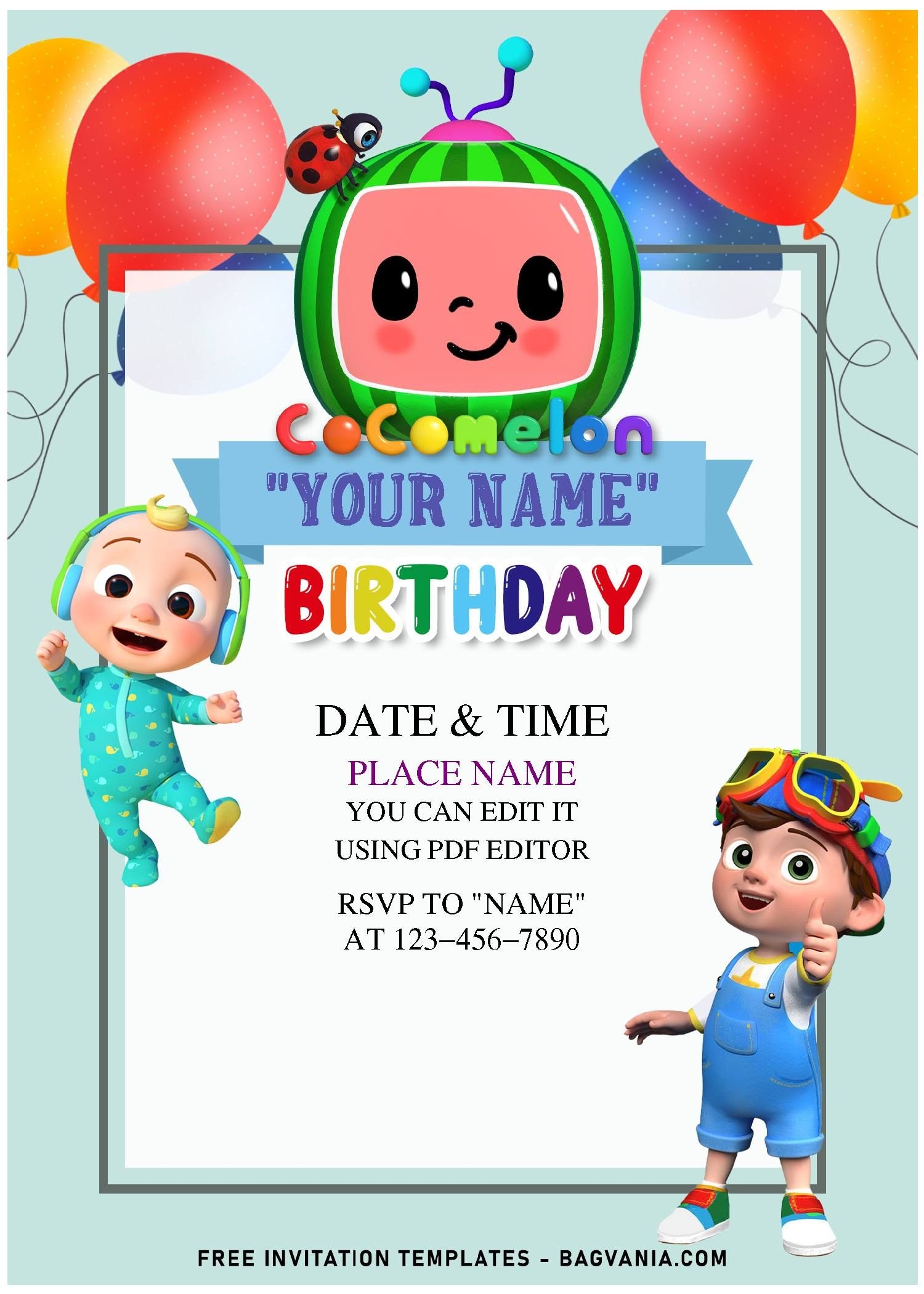  Free Editable PDF Colorful Balloons Cocomelon Birthday Invitation 