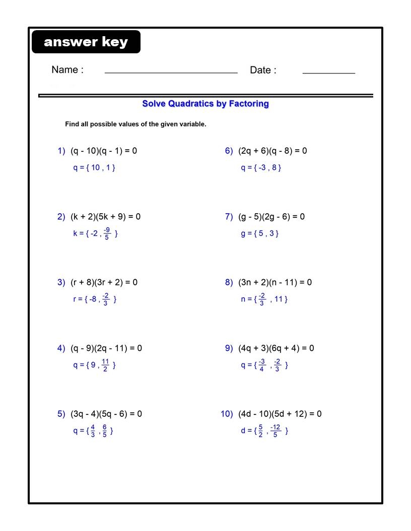 solving quadratics worksheet