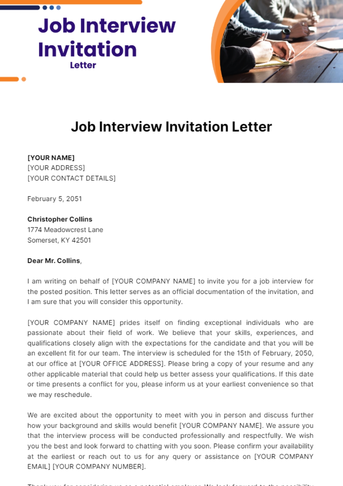 Free Job Interview Invitation Letter Template To Edit Online