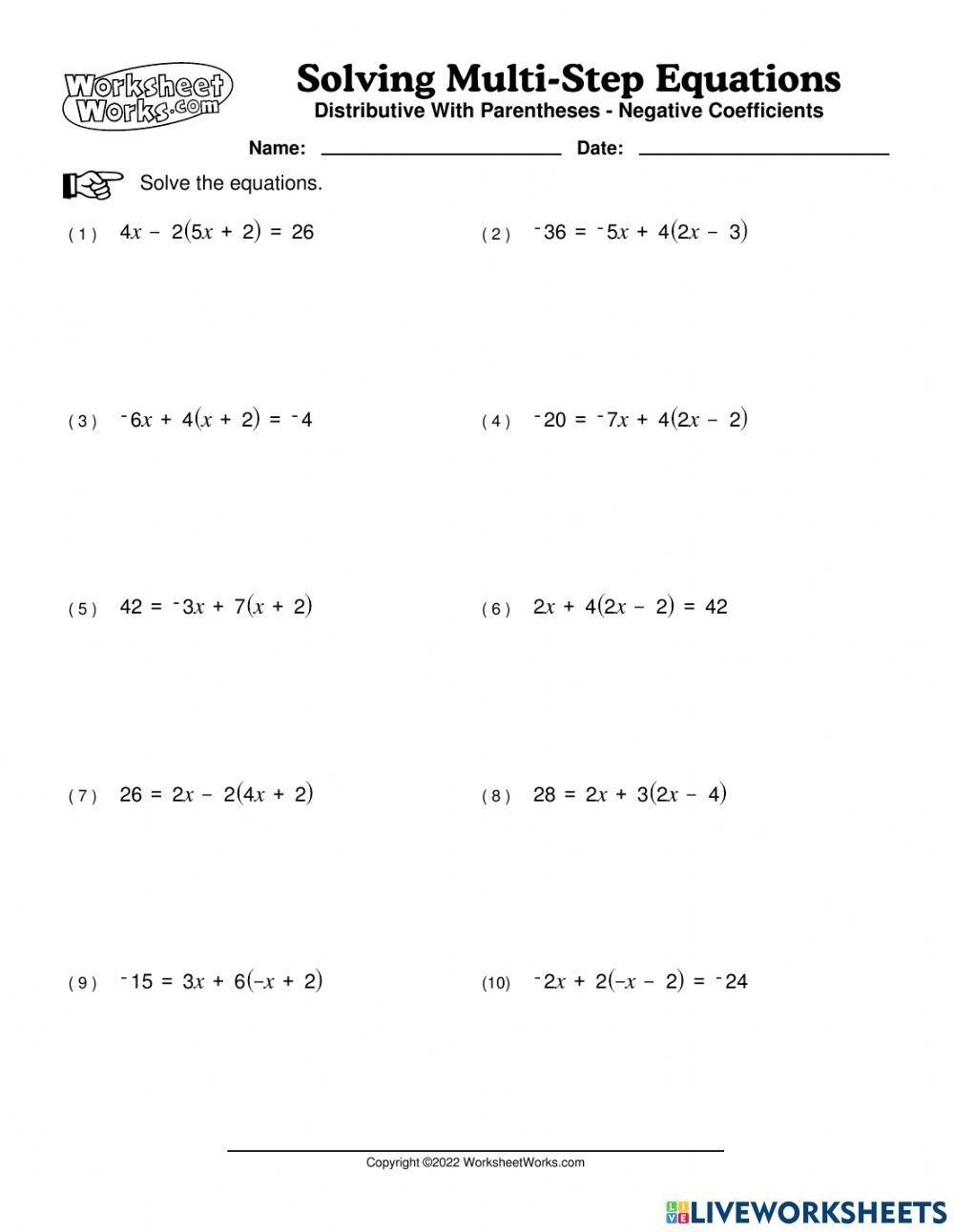 solve multi step equations worksheet