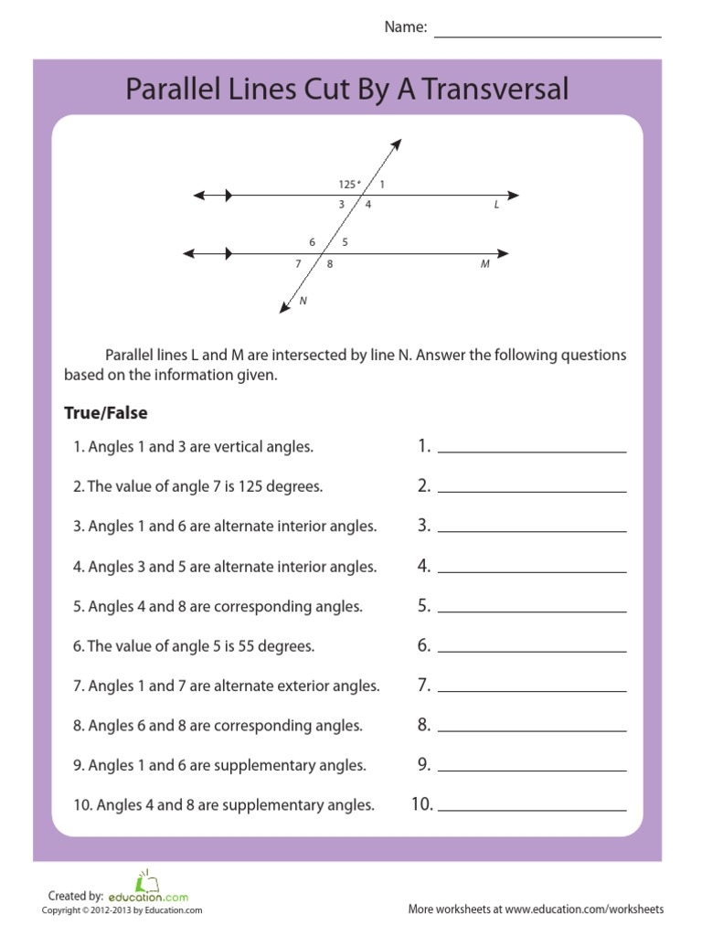 Free Parallel Lines Cut By A Transversal Worksheet Answers Download