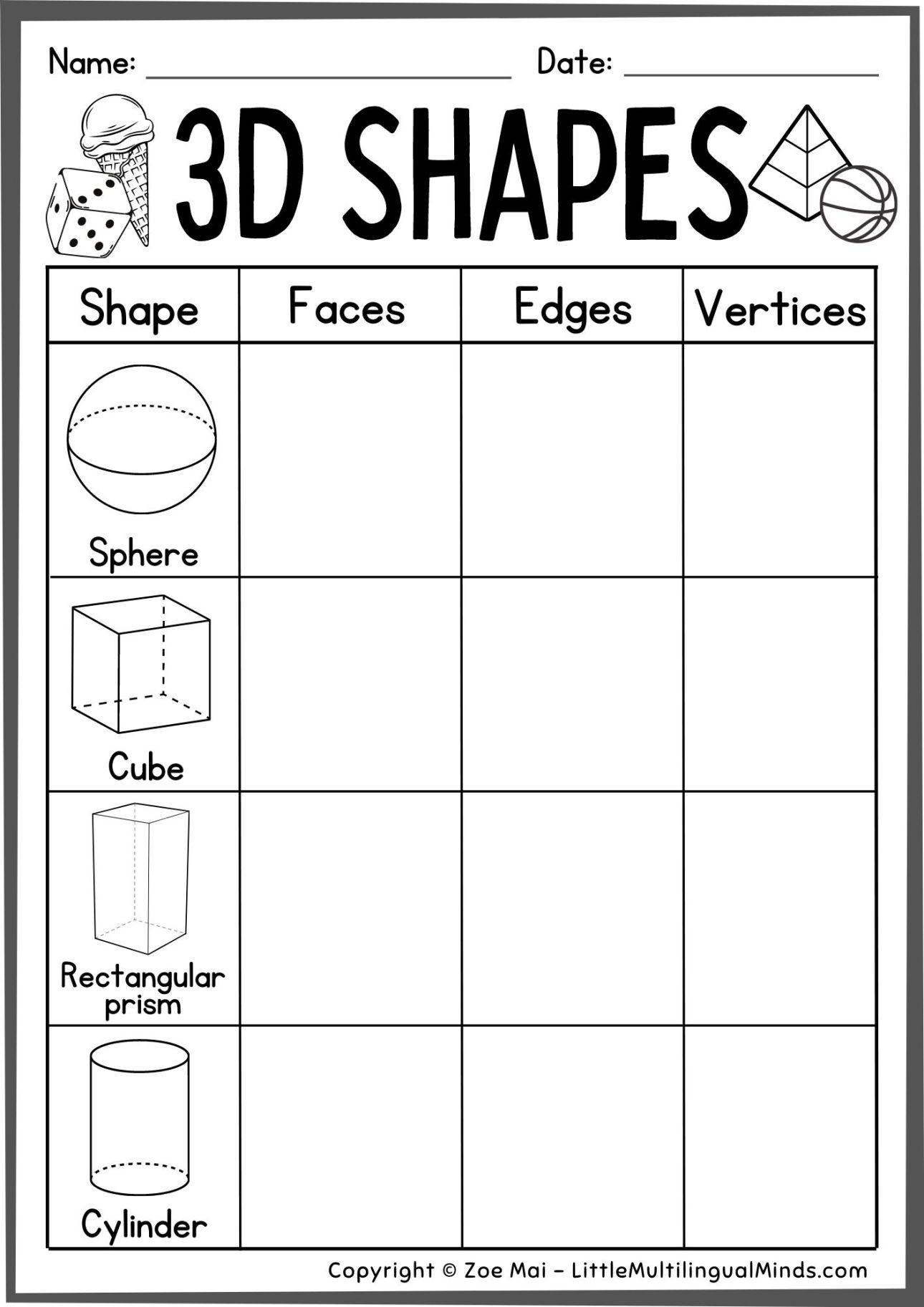 Free Printable 3rd Grade Worksheets For Practicing 3D Shapes 