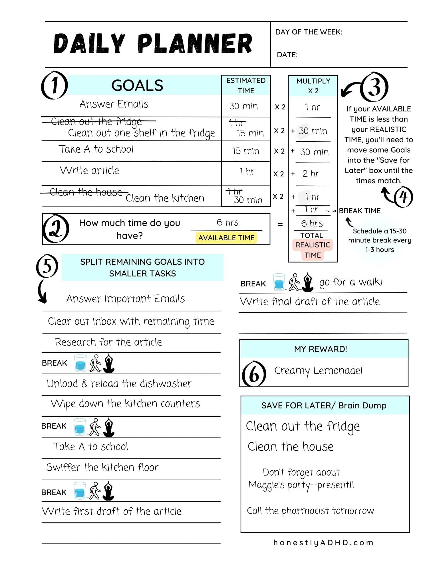 free printable adhd daily planner template