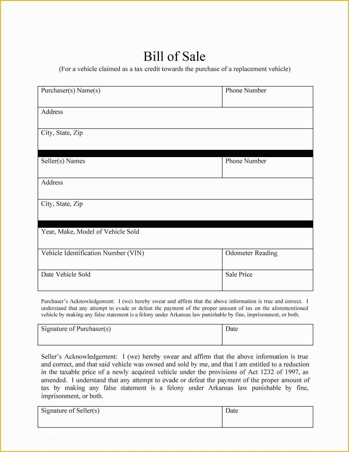 free printable bill of sale template for car