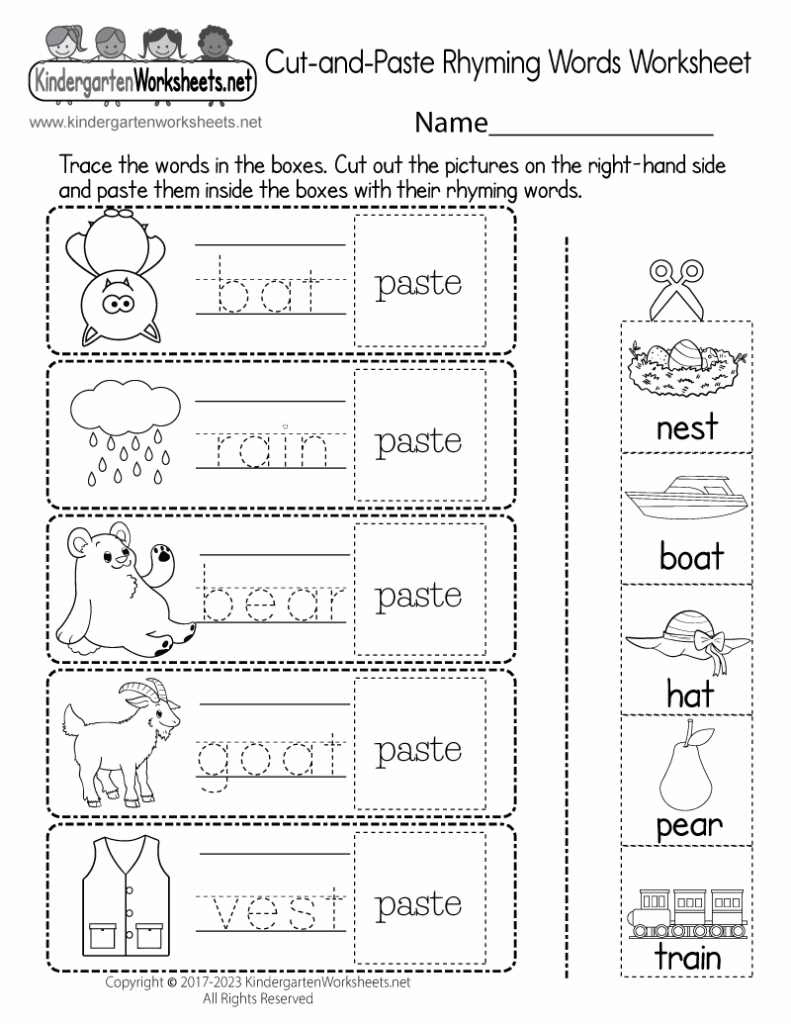 Free Printable Cut and Paste Rhyming Words Worksheet
