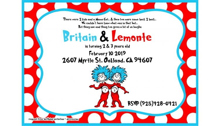 Free Printable dr Seuss Twin Birthday Invitation FREE Invitation 