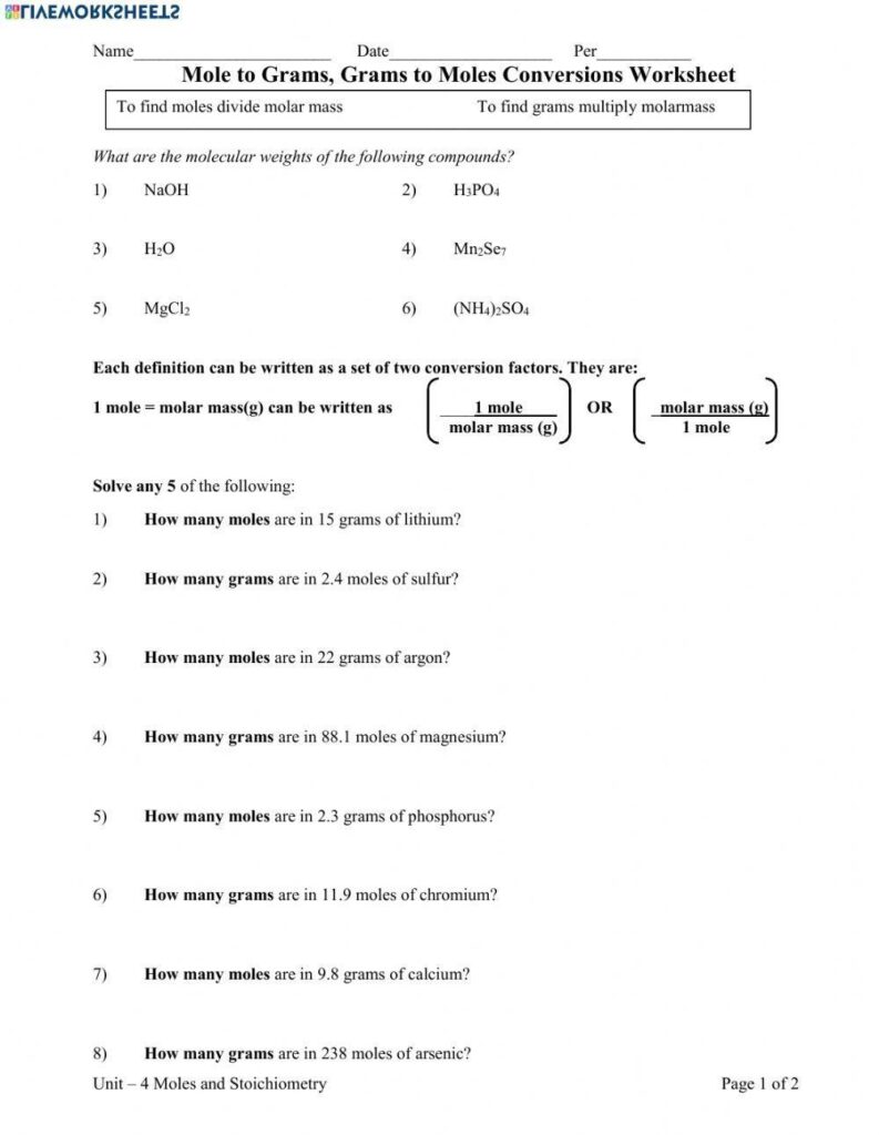 Free Printable Mole To Mole Stoichiometry Worksheets Worksheets Library