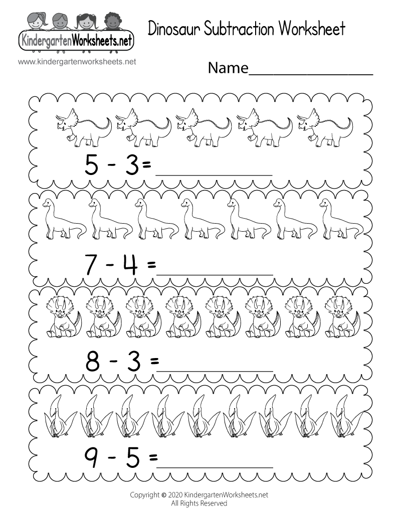 Free Printable Subtract Dinosaurs Worksheet For Kindergarten