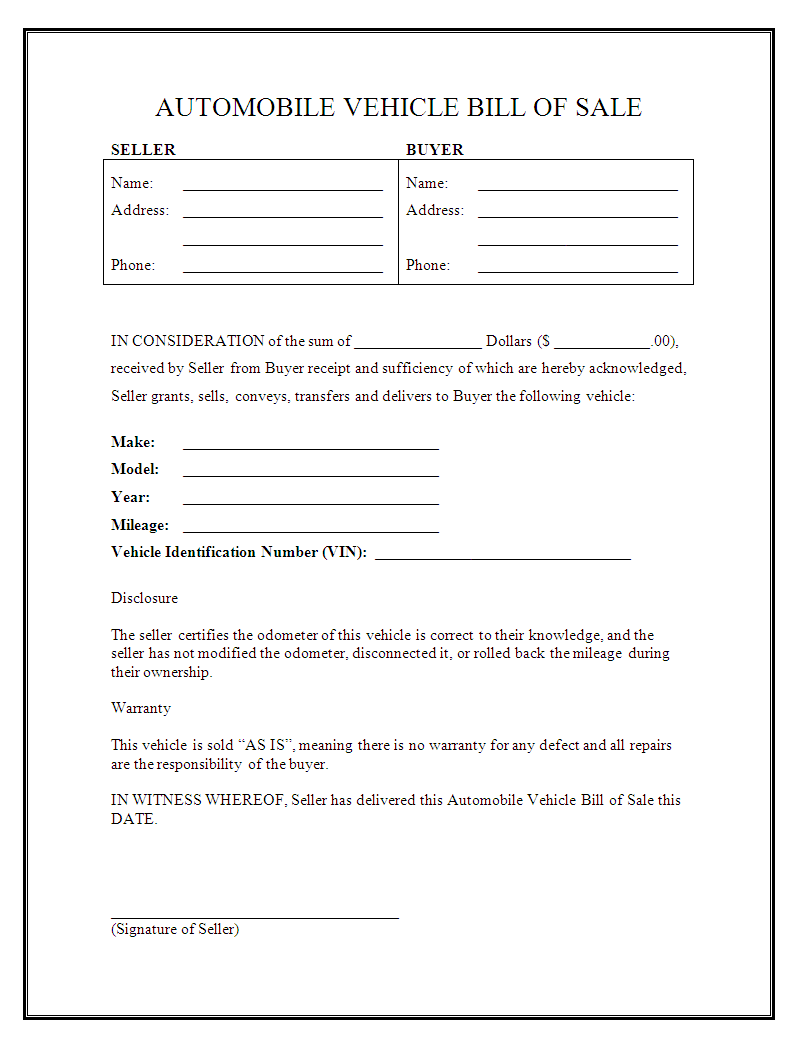 free printable vehicle bill of sale template