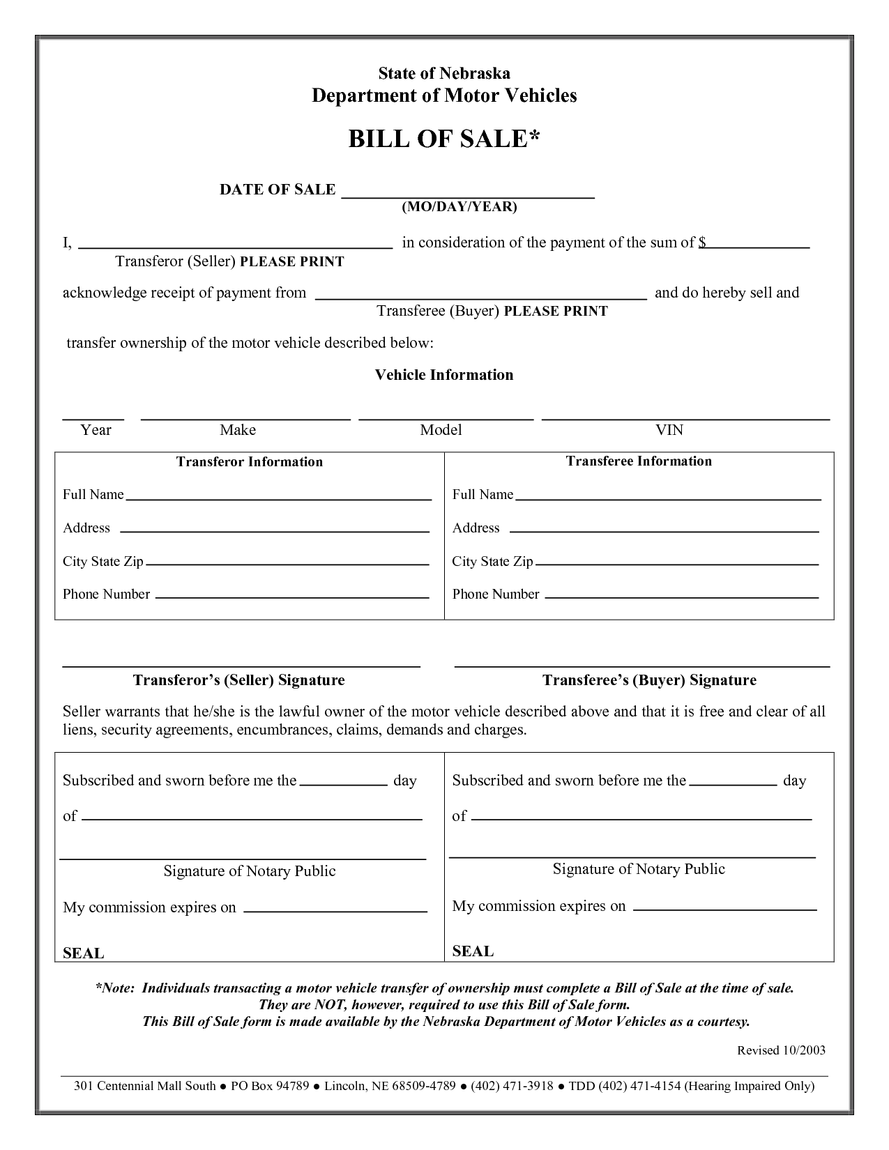 Free Printable Vehicle Bill Of Sale Template Form GENERIC 