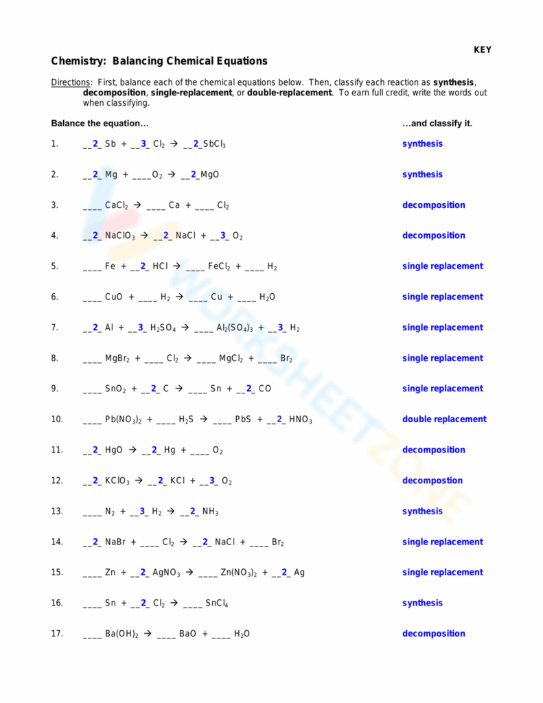 Free Printable Writing And Balancing Chemical Equations Worksheets