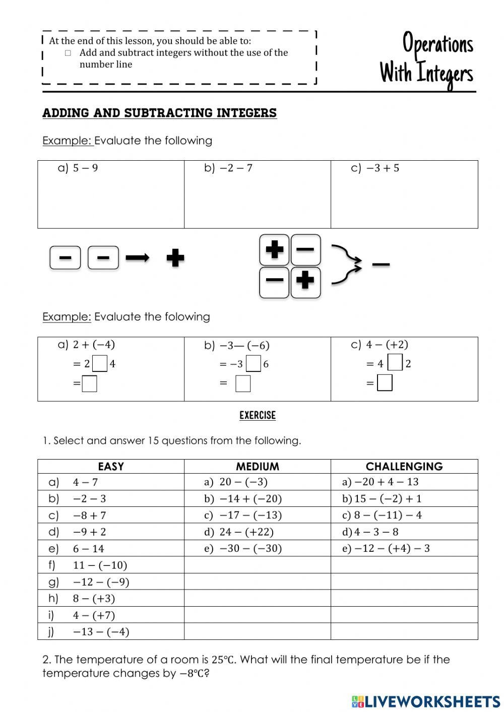 adding and subtracting integers worksheet 7th grade