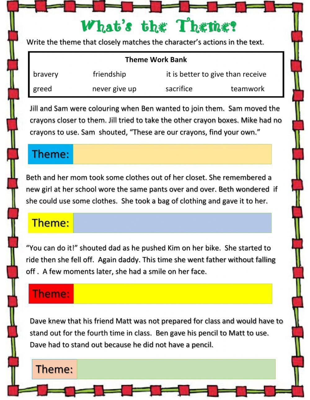 theme of a story worksheets