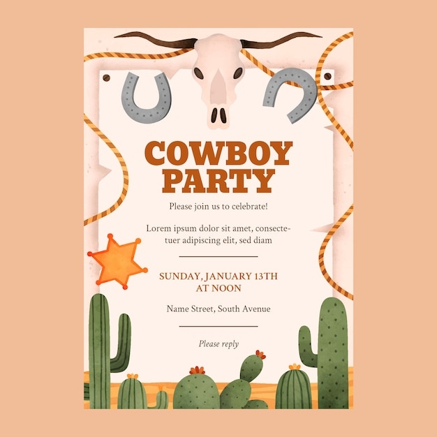 Free Vector Watercolor Cowboy Party Invitation Template