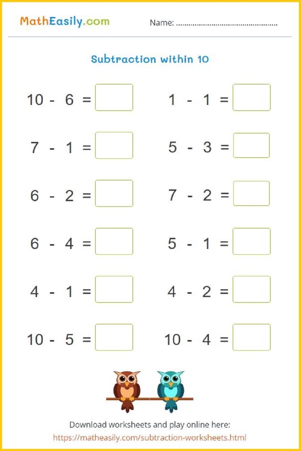 one digit subtraction worksheets