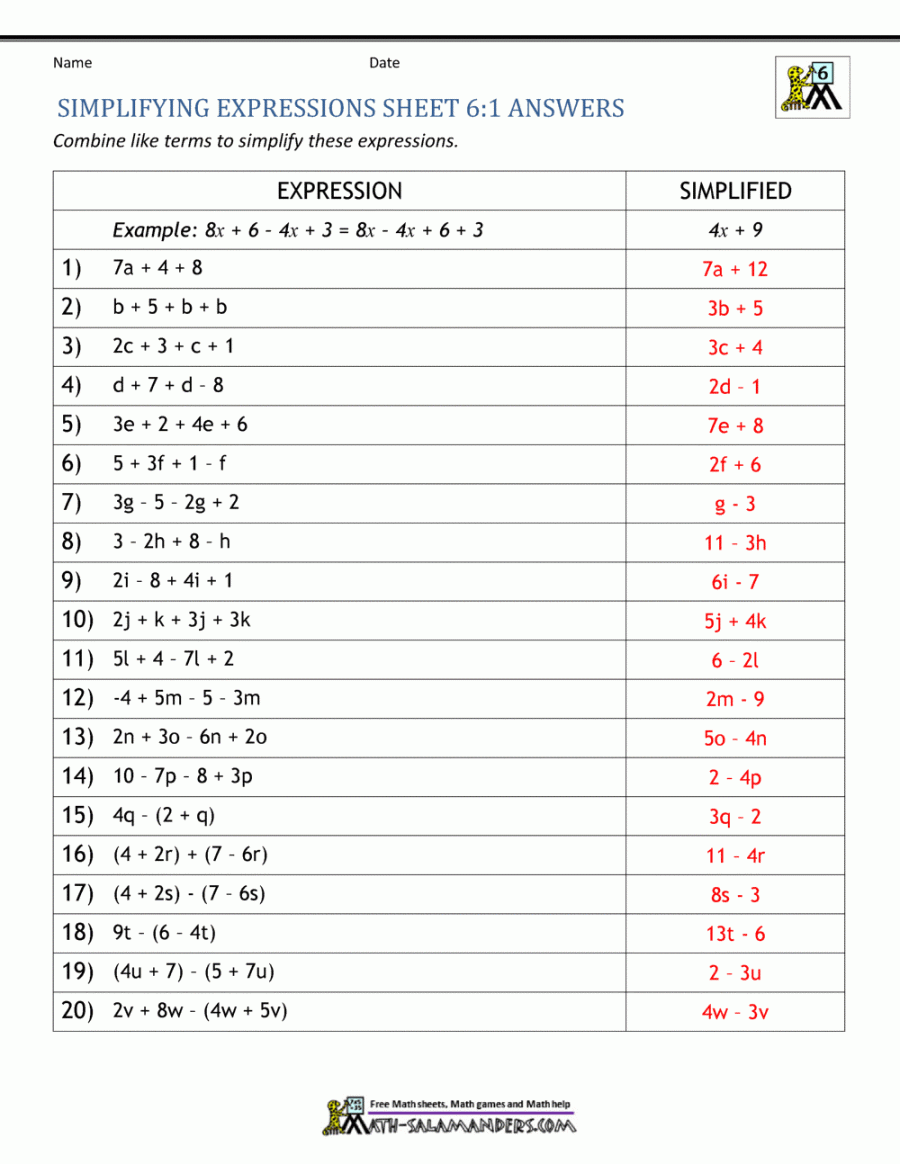 simplification of algebraic expressions worksheet