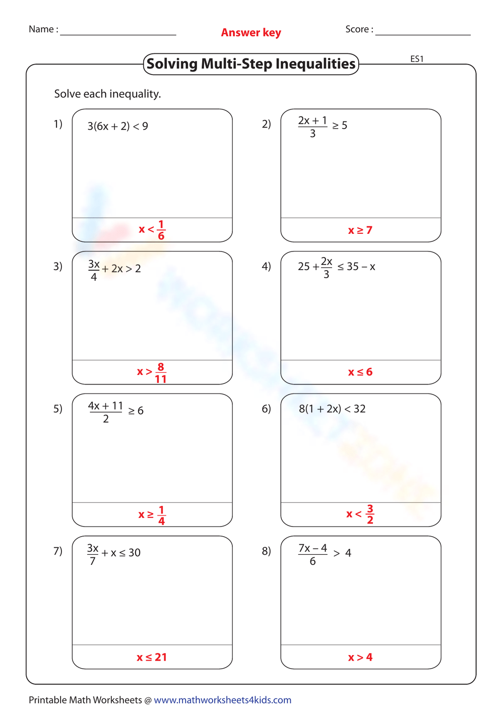 solving multi step inequalities worksheet
