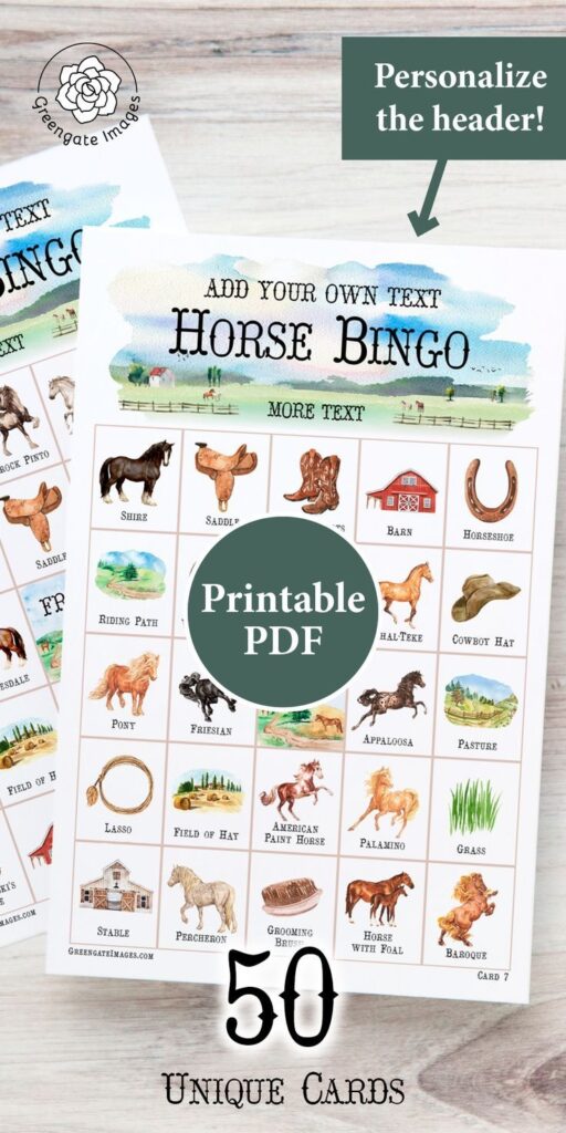 Horse Bingo 50 Printable Bingo Cards Cowgirl Party Cowboy Country