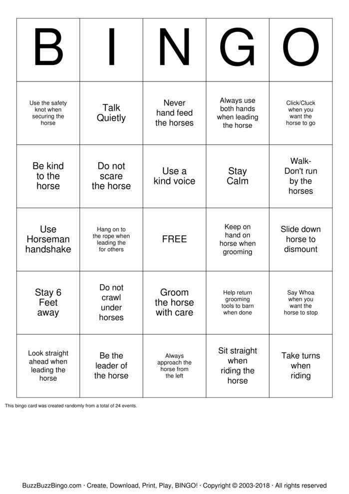 printable horse bingo cards
