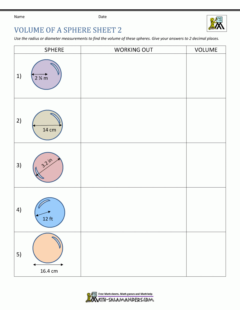 volume of a sphere worksheet