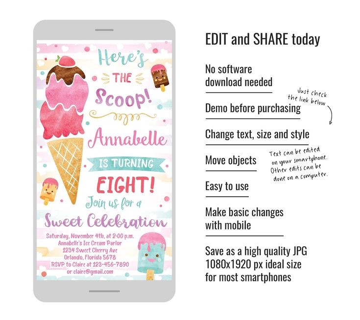 Ice Cream Birthday Electronic Invitation Sweet Celebration Email 