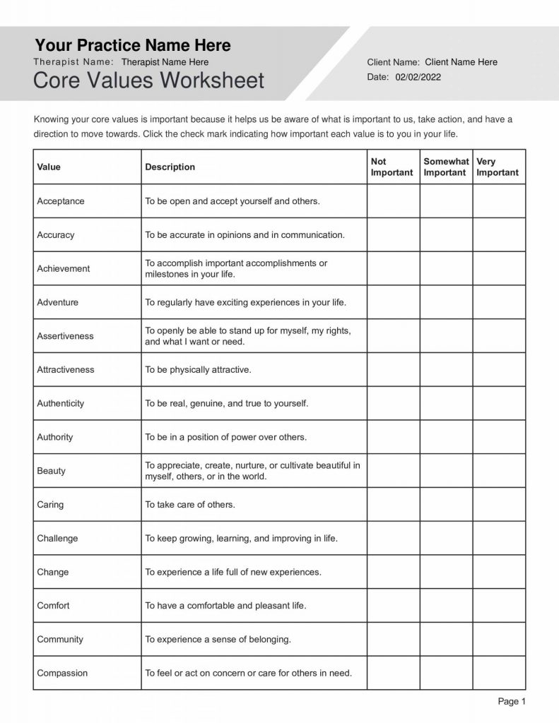 worksheets on values