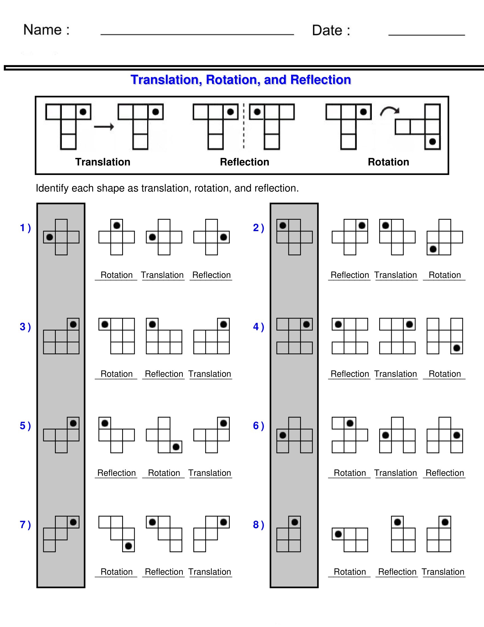 Identifying Translation Rotation And Reflection Worksheets Library