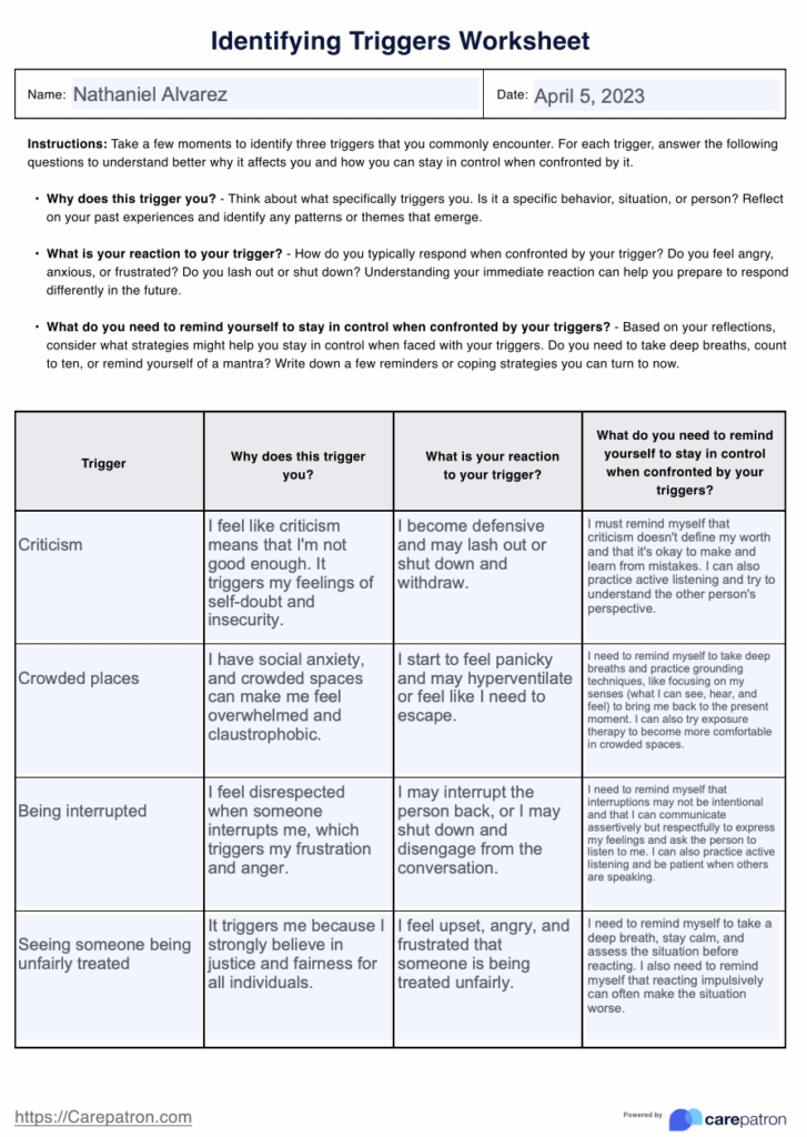 Identifying Triggers Worksheet Example Free PDF Download