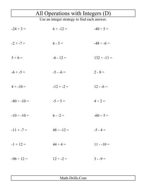 Integers Worksheet All Operations With Integers Range 12 To