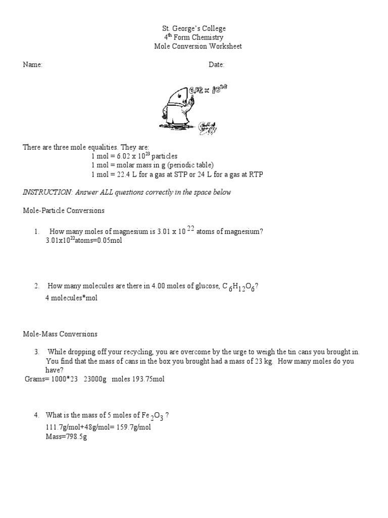 Kamar McFarlane Mole Conversion Worksheet PDF Mole Unit