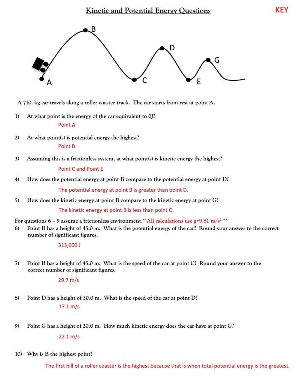 potential kinetic energy worksheet