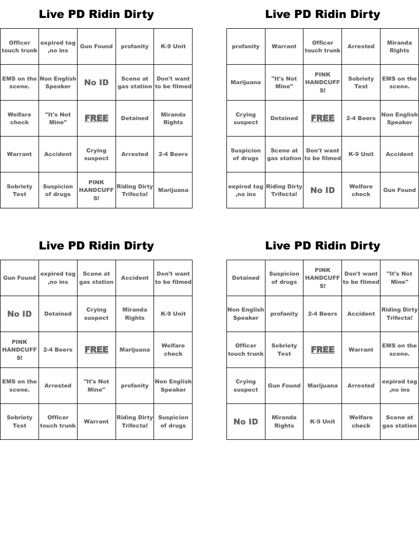 Live PD Ridin Dirty Bingo Cards WordMint Worksheets Library