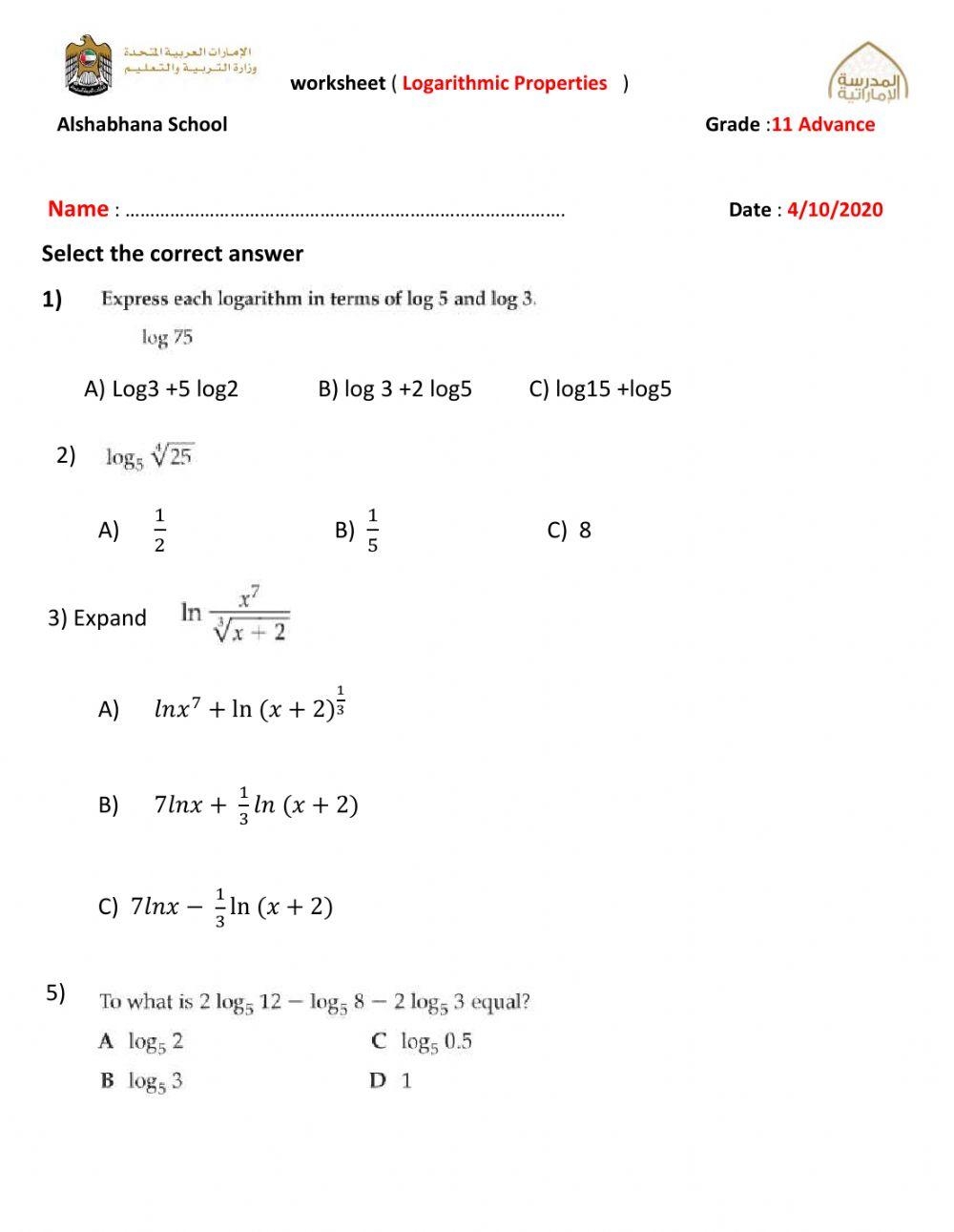 worksheet on properties of logarithms