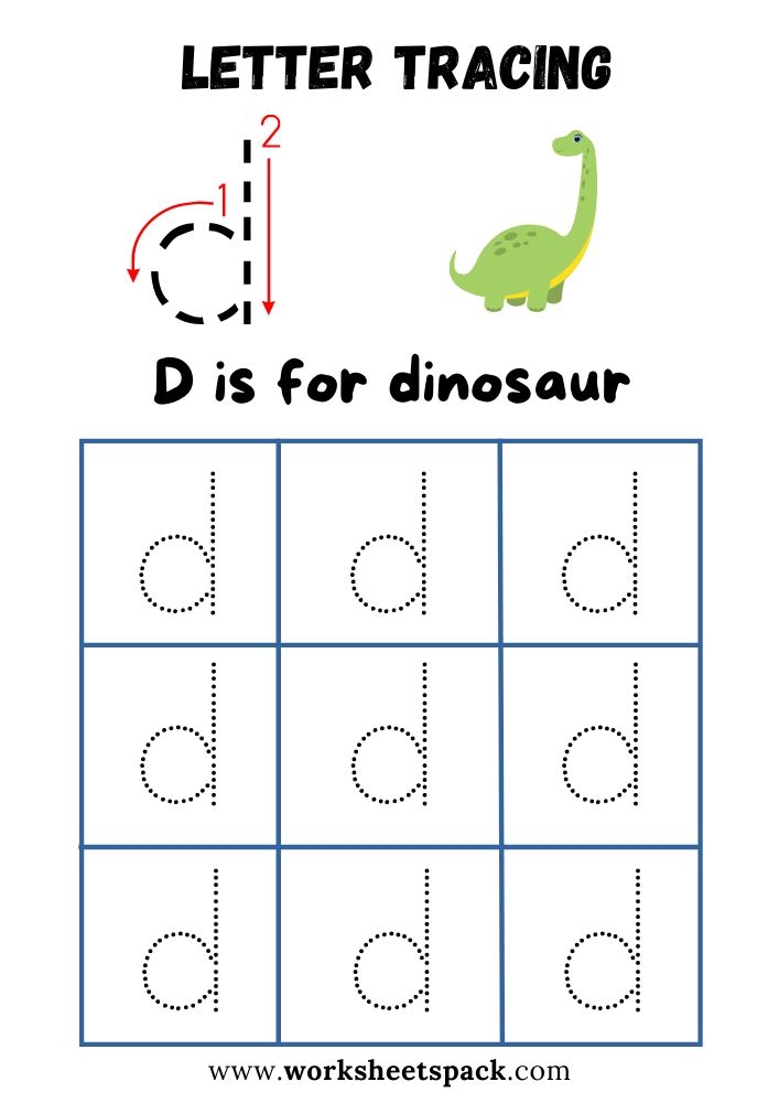 Lowercase Letter D Tracing Worksheet Printable D Is For Dinosaur 