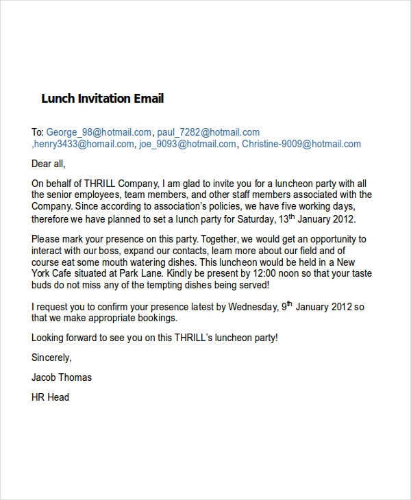 Lunch Invitation Email Template Office Lunch Invitation