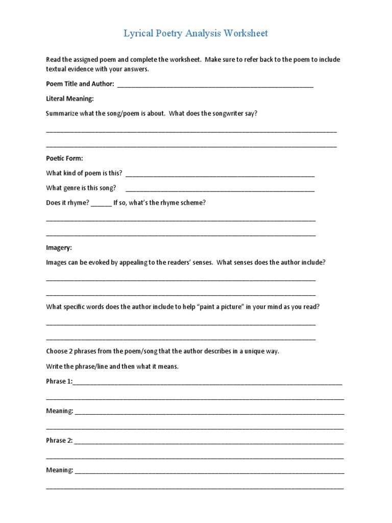 Lyrical Poetry Analysis Worksheet PDF Poetry Rhyme Worksheets 