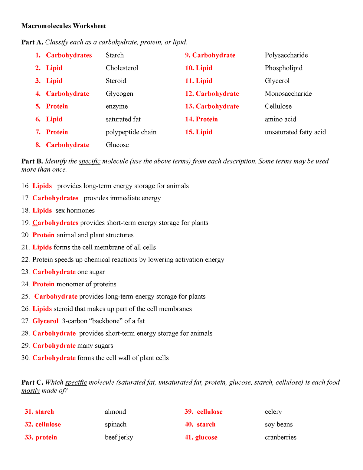 Macromolecule Activity Macromolecules Worksheet Part A Classify 