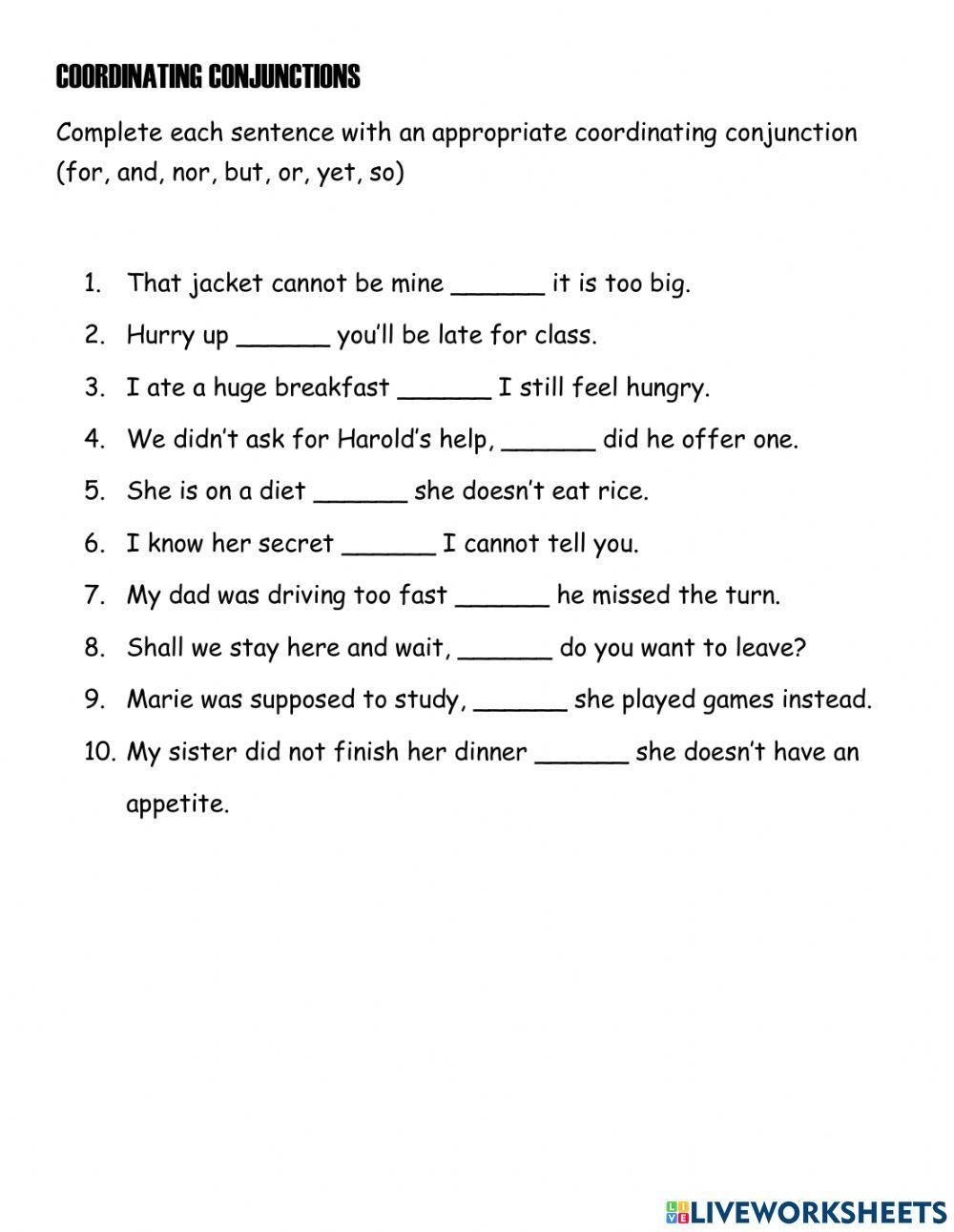 conjunction worksheets