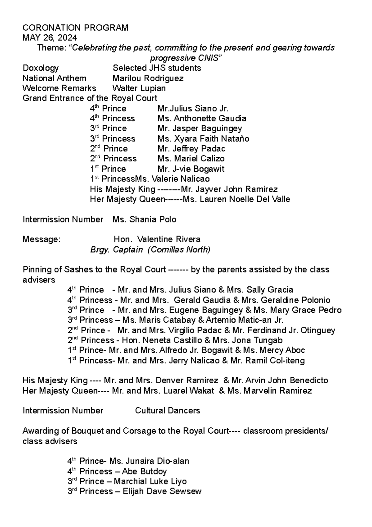MAY 26 Coronation Sample Program Template CORONATION PROGRAM MAY 26 